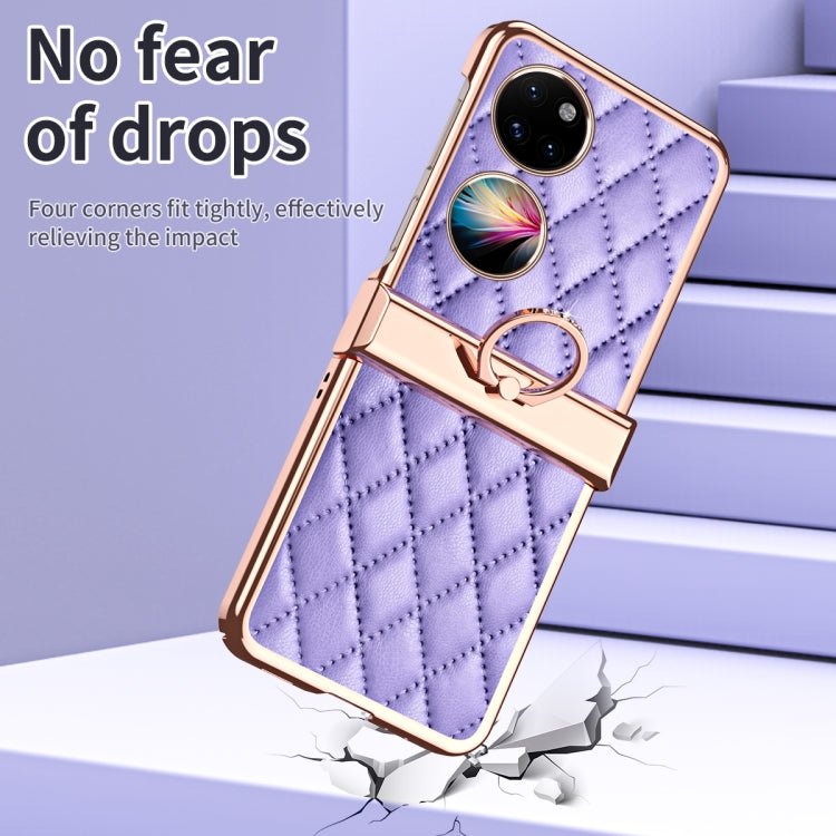 For Huawei P50 Pocket Grid Leather Pattern Electroplating Frame Folding Phone Case