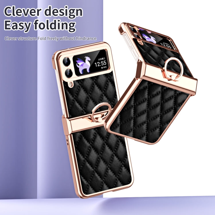 For Samsung Galaxy Z Flip3 5G Grid Leather Pattern Electroplating Frame Folding Phone Case