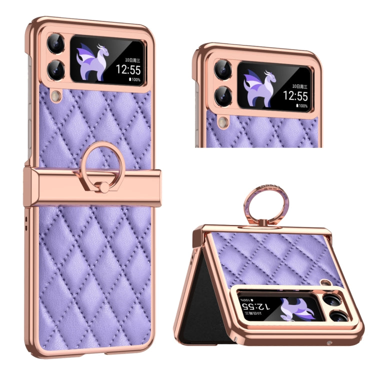 For Samsung Galaxy Z Flip3 5G Grid Leather Pattern Electroplating Frame Folding Phone Case