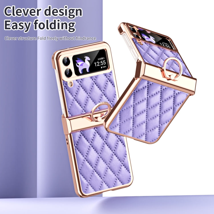 For Samsung Galaxy Z Flip3 5G Grid Leather Pattern Electroplating Frame Folding Phone Case