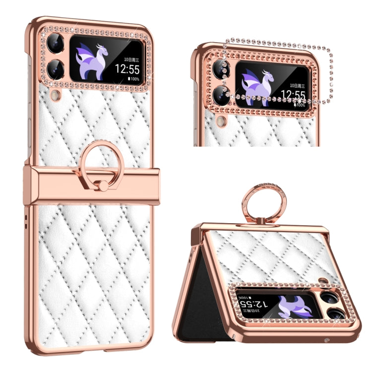 For Samsung Galaxy Z Flip4 Grid Leather Pattern Electroplating Frame Folding Phone Case