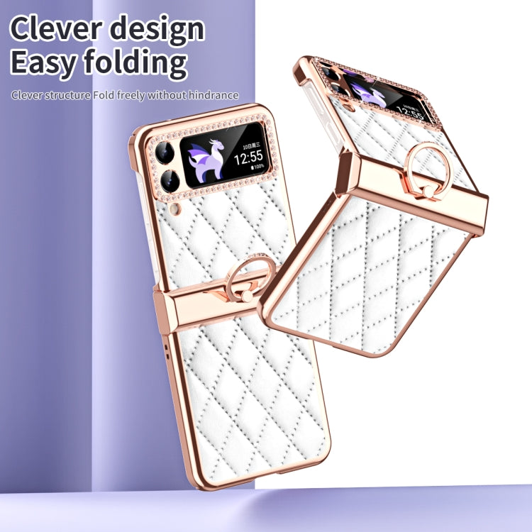 For Samsung Galaxy Z Flip4 Grid Leather Pattern Electroplating Frame Folding Phone Case