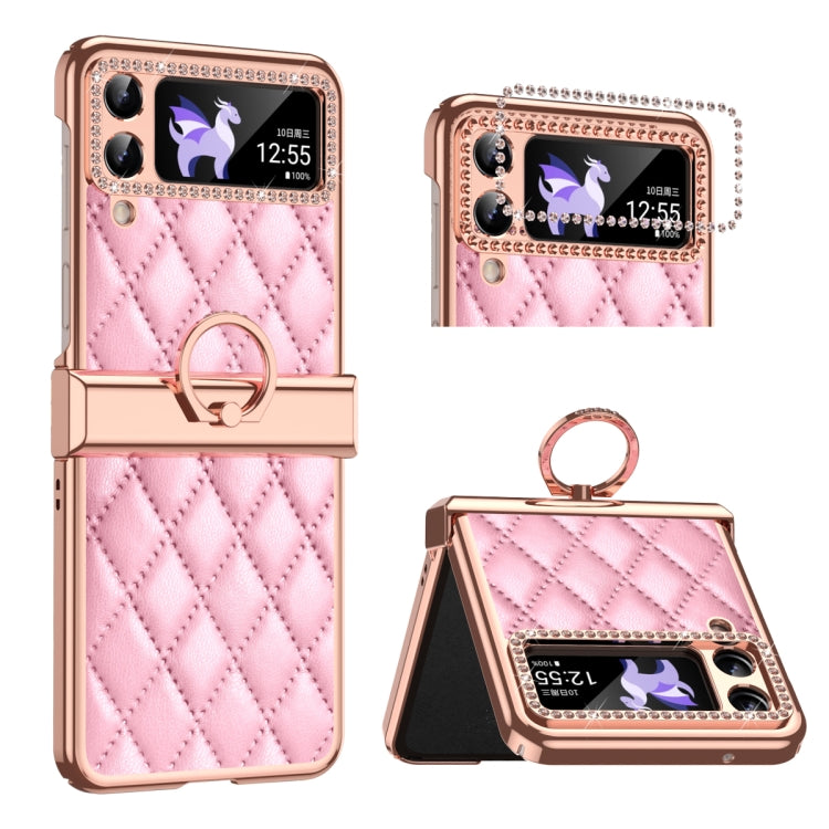 For Samsung Galaxy Z Flip4 Grid Leather Pattern Electroplating Frame Folding Phone Case