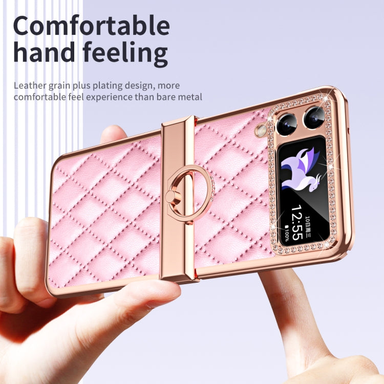 For Samsung Galaxy Z Flip4 Grid Leather Pattern Electroplating Frame Folding Phone Case
