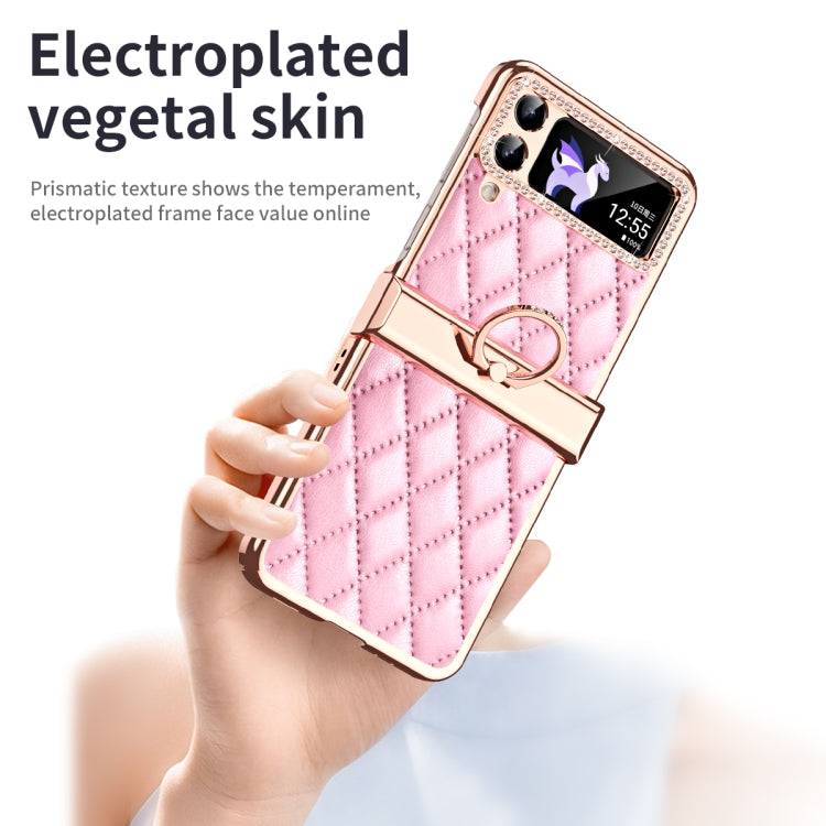 For Samsung Galaxy Z Flip4 Grid Leather Pattern Electroplating Frame Folding Phone Case