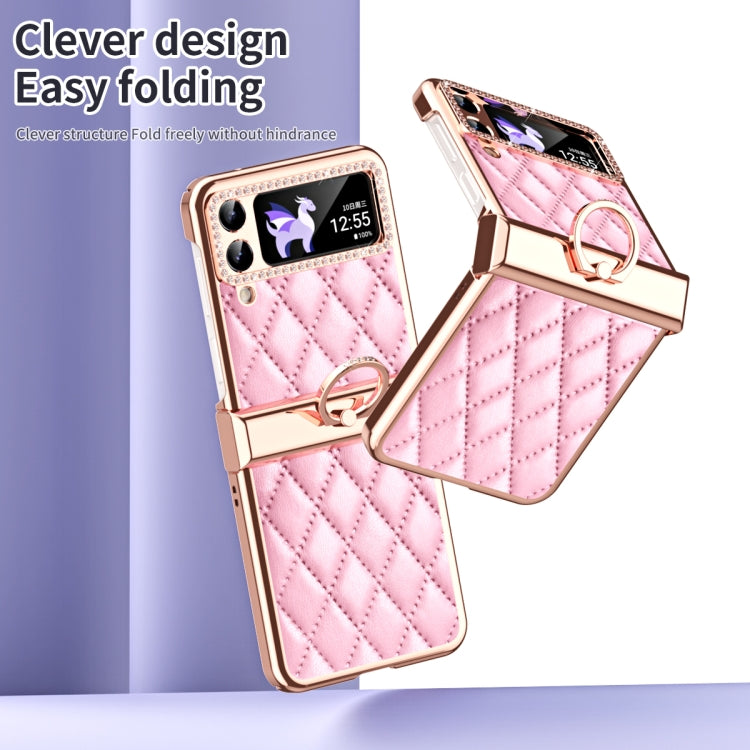For Samsung Galaxy Z Flip4 Grid Leather Pattern Electroplating Frame Folding Phone Case