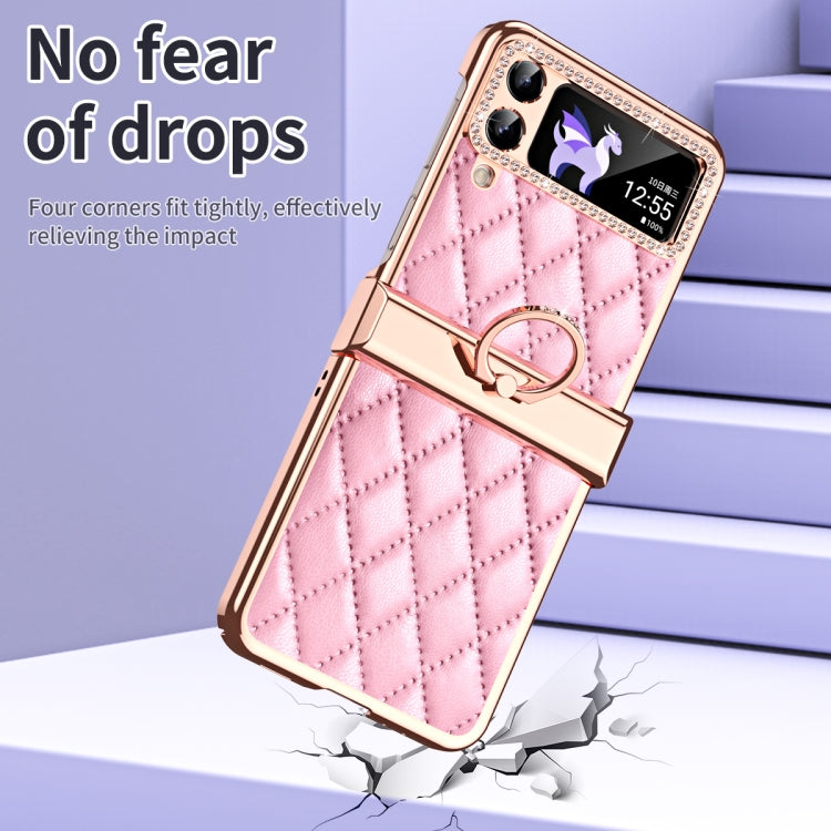 For Samsung Galaxy Z Flip4 Grid Leather Pattern Electroplating Frame Folding Phone Case