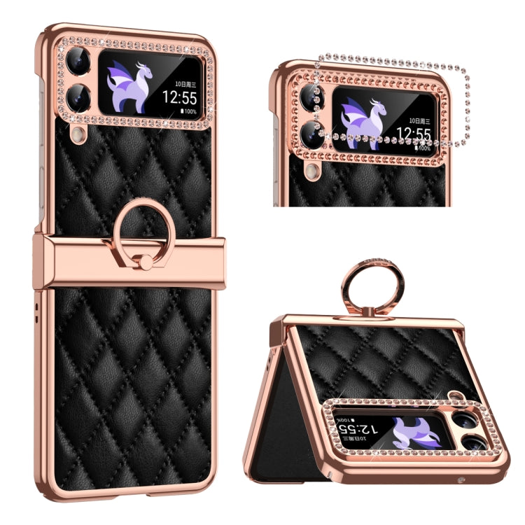 For Samsung Galaxy Z Flip4 Grid Leather Pattern Electroplating Frame Folding Phone Case