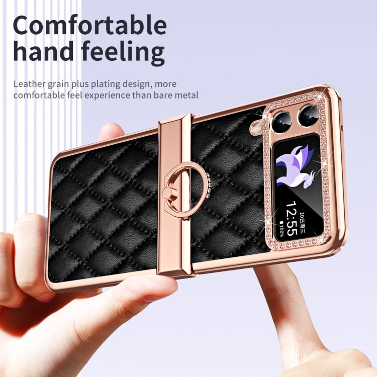 For Samsung Galaxy Z Flip4 Grid Leather Pattern Electroplating Frame Folding Phone Case