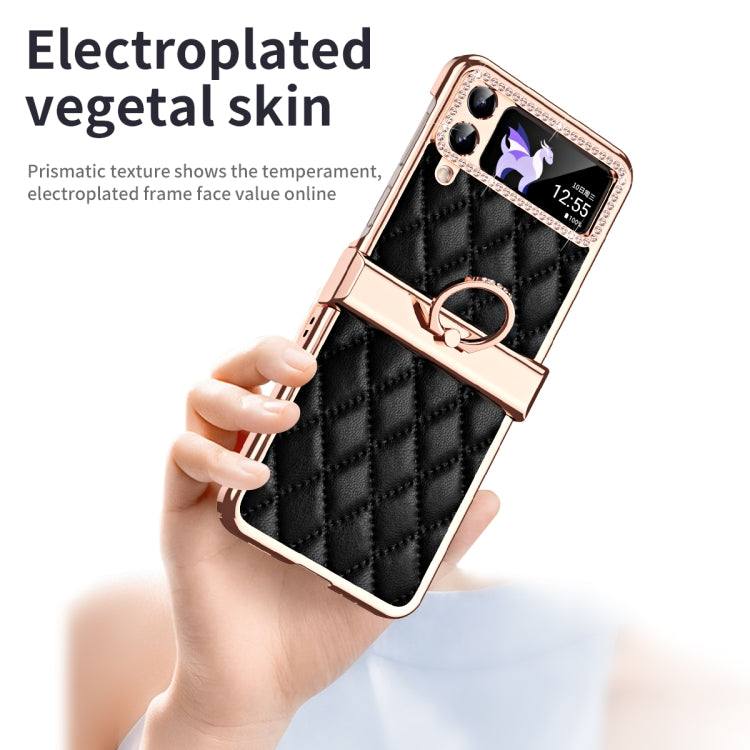 For Samsung Galaxy Z Flip4 Grid Leather Pattern Electroplating Frame Folding Phone Case