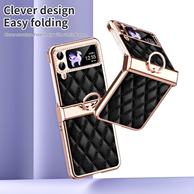 For Samsung Galaxy Z Flip4 Grid Leather Pattern Electroplating Frame Folding Phone Case