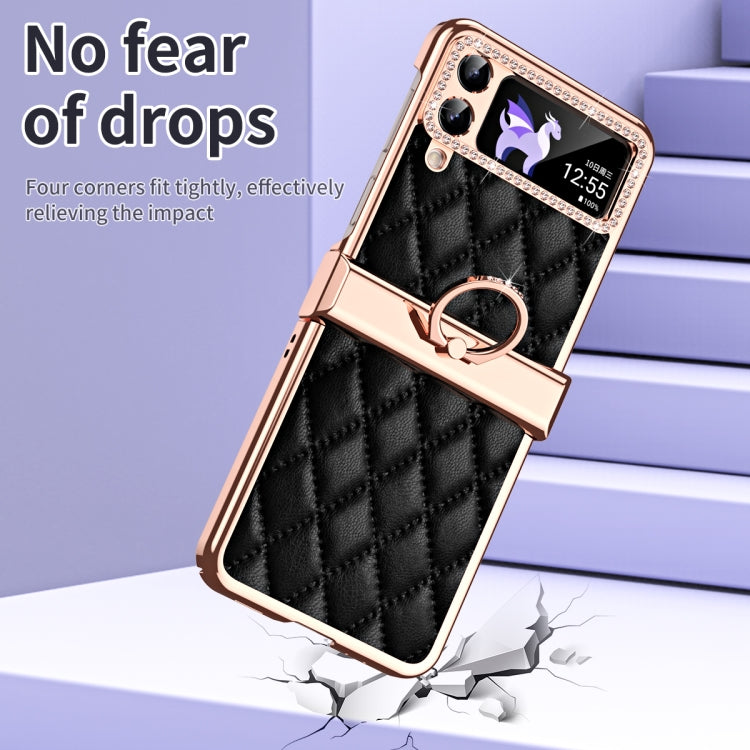 For Samsung Galaxy Z Flip4 Grid Leather Pattern Electroplating Frame Folding Phone Case