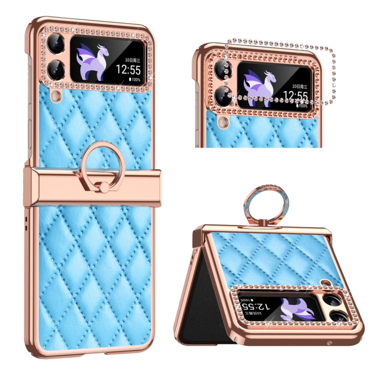 For Samsung Galaxy Z Flip4 Grid Leather Pattern Electroplating Frame Folding Phone Case