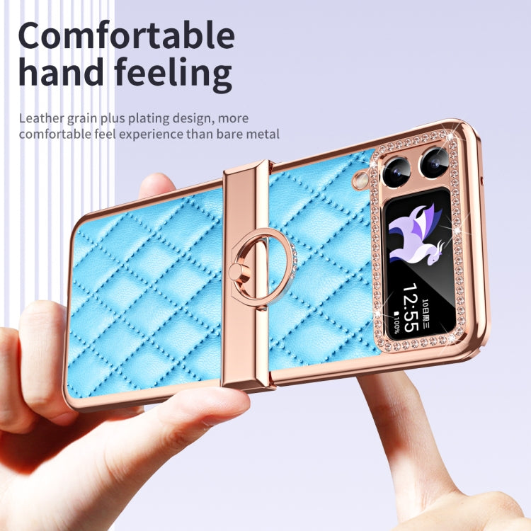 For Samsung Galaxy Z Flip4 Grid Leather Pattern Electroplating Frame Folding Phone Case