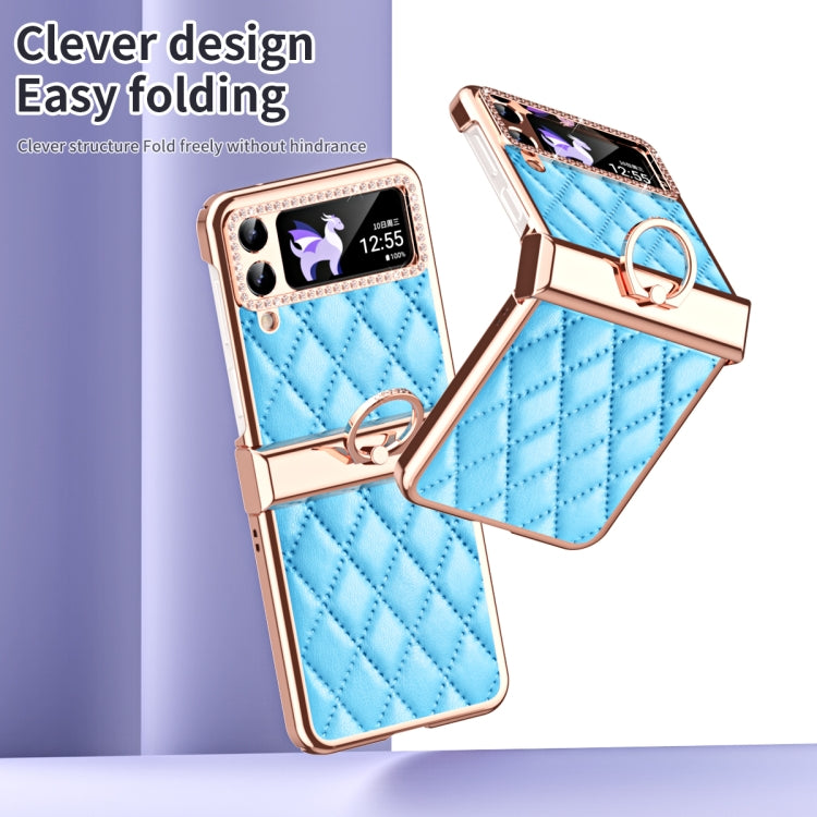 For Samsung Galaxy Z Flip4 Grid Leather Pattern Electroplating Frame Folding Phone Case