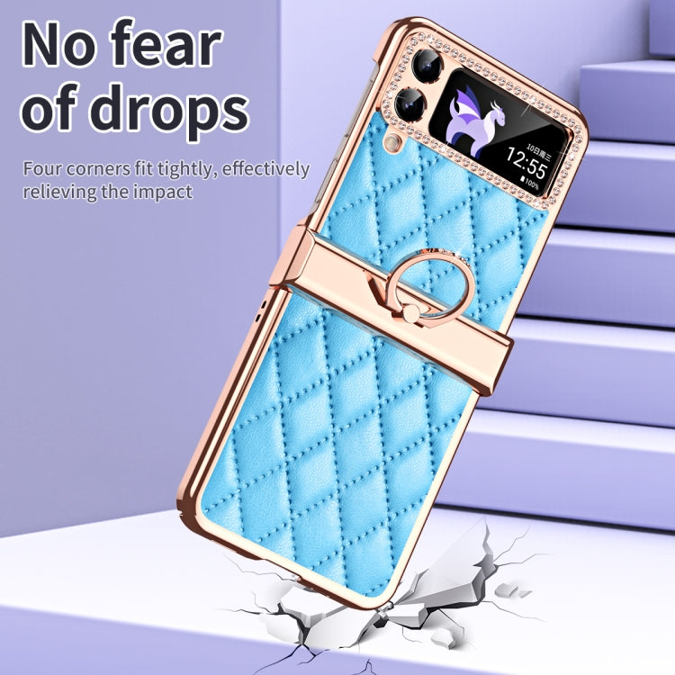 For Samsung Galaxy Z Flip4 Grid Leather Pattern Electroplating Frame Folding Phone Case