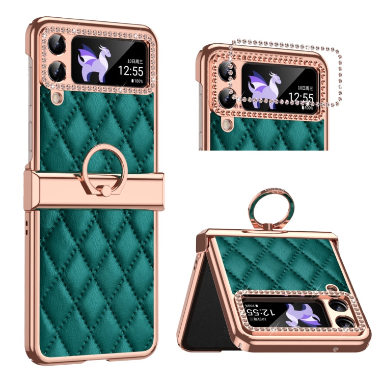 For Samsung Galaxy Z Flip4 Grid Leather Pattern Electroplating Frame Folding Phone Case