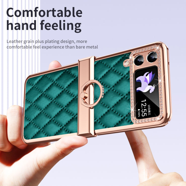 For Samsung Galaxy Z Flip4 Grid Leather Pattern Electroplating Frame Folding Phone Case
