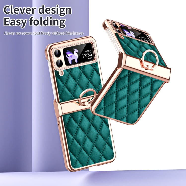 For Samsung Galaxy Z Flip4 Grid Leather Pattern Electroplating Frame Folding Phone Case