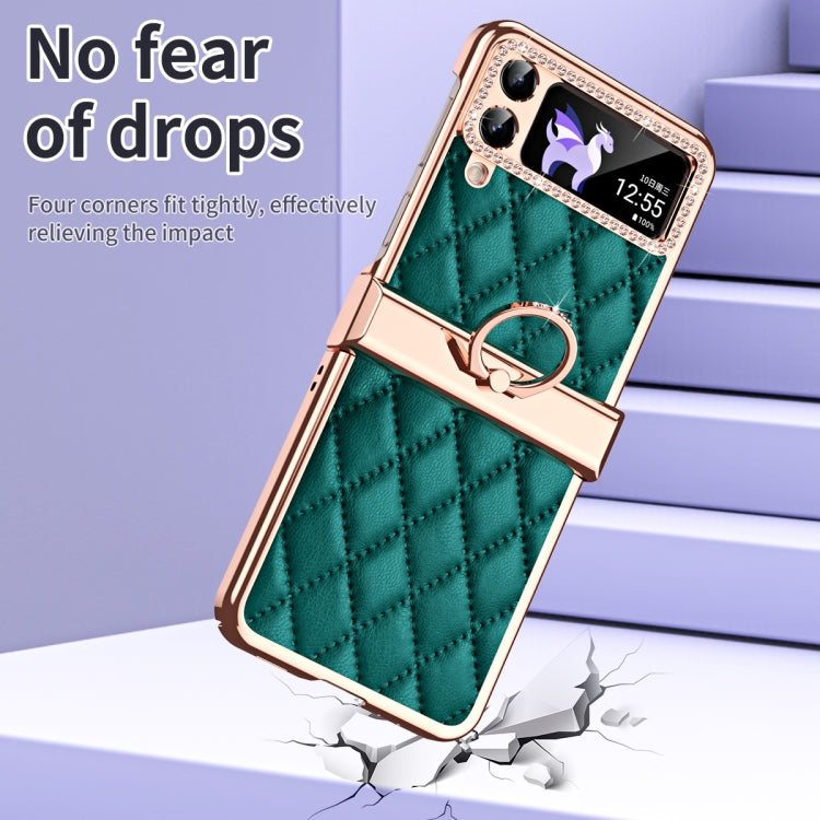 For Samsung Galaxy Z Flip4 Grid Leather Pattern Electroplating Frame Folding Phone Case