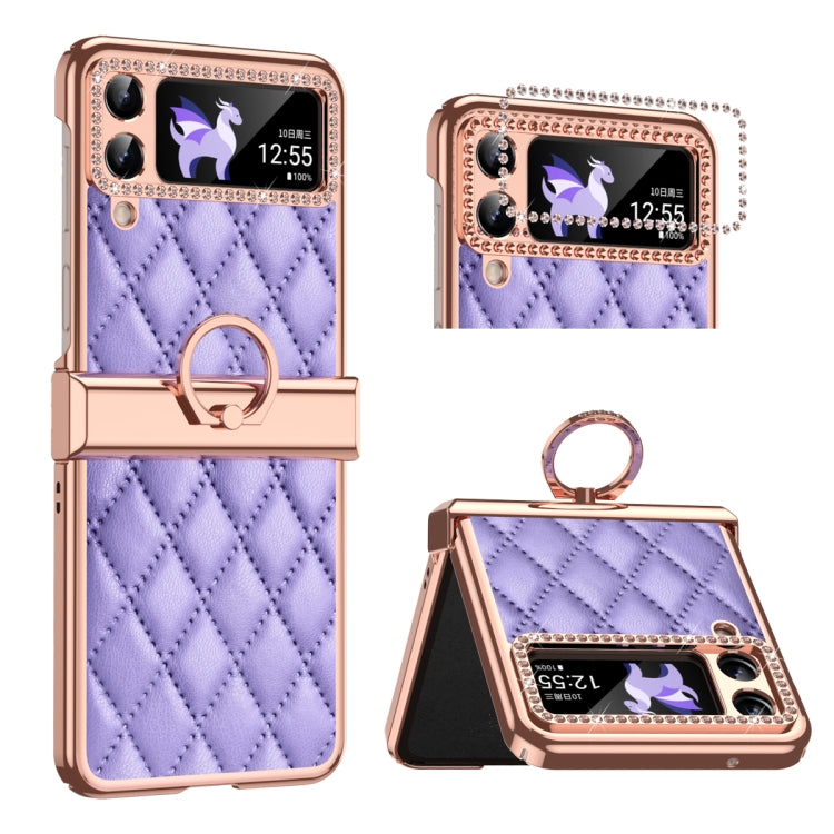 For Samsung Galaxy Z Flip4 Grid Leather Pattern Electroplating Frame Folding Phone Case