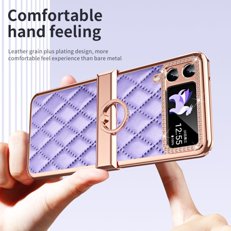 For Samsung Galaxy Z Flip4 Grid Leather Pattern Electroplating Frame Folding Phone Case