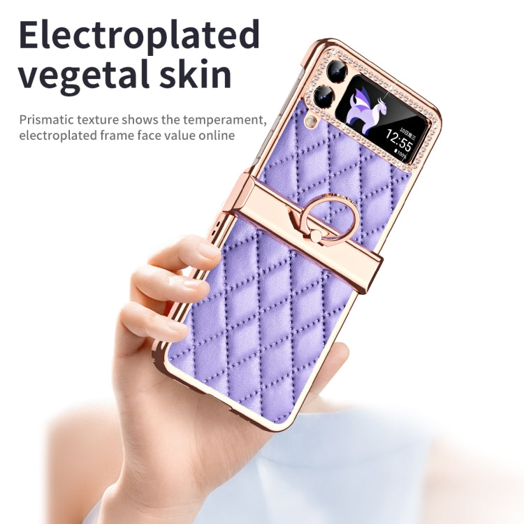 For Samsung Galaxy Z Flip4 Grid Leather Pattern Electroplating Frame Folding Phone Case
