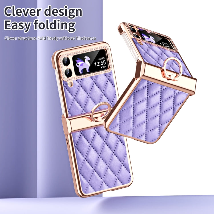 For Samsung Galaxy Z Flip4 Grid Leather Pattern Electroplating Frame Folding Phone Case