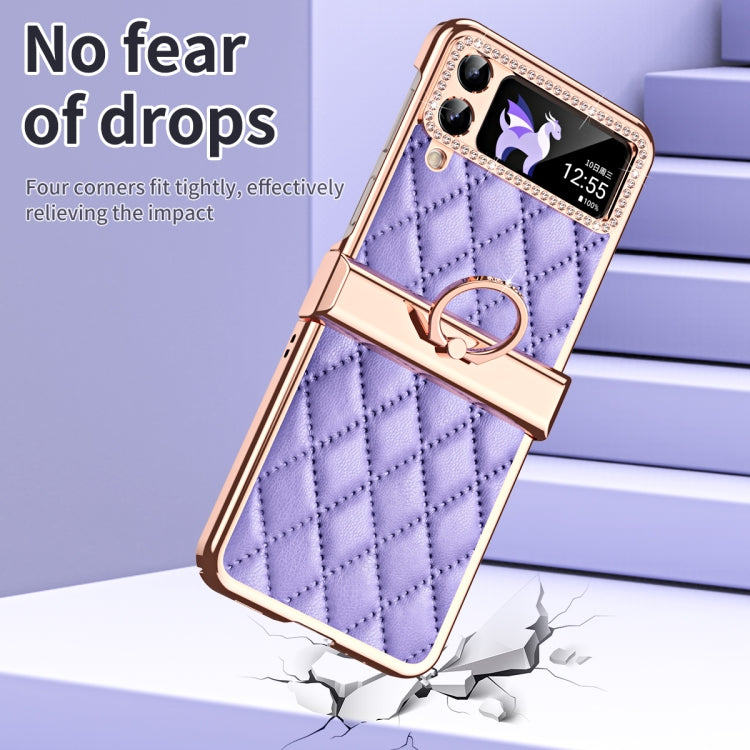 For Samsung Galaxy Z Flip4 Grid Leather Pattern Electroplating Frame Folding Phone Case