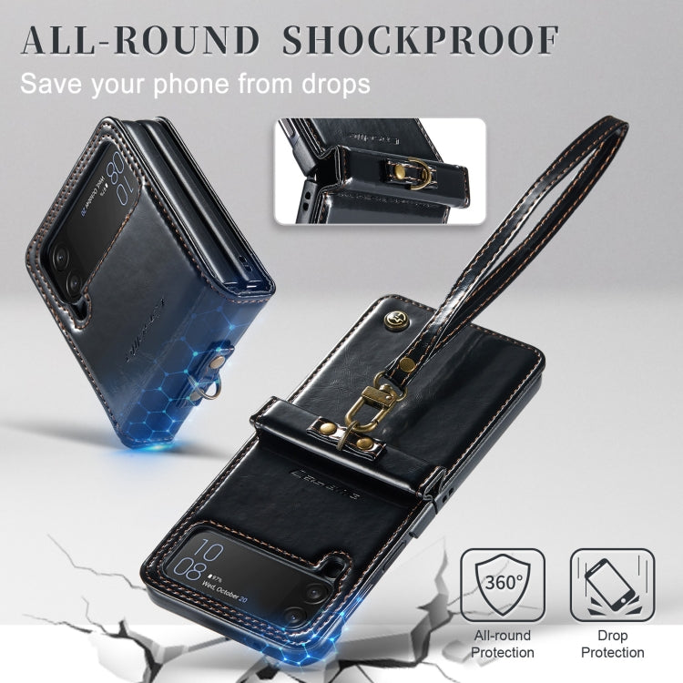 For Samsung Galaxy Z Flip4 CaseMe 003 Crazy Horse Texture Leather Phone Case with Lanyard