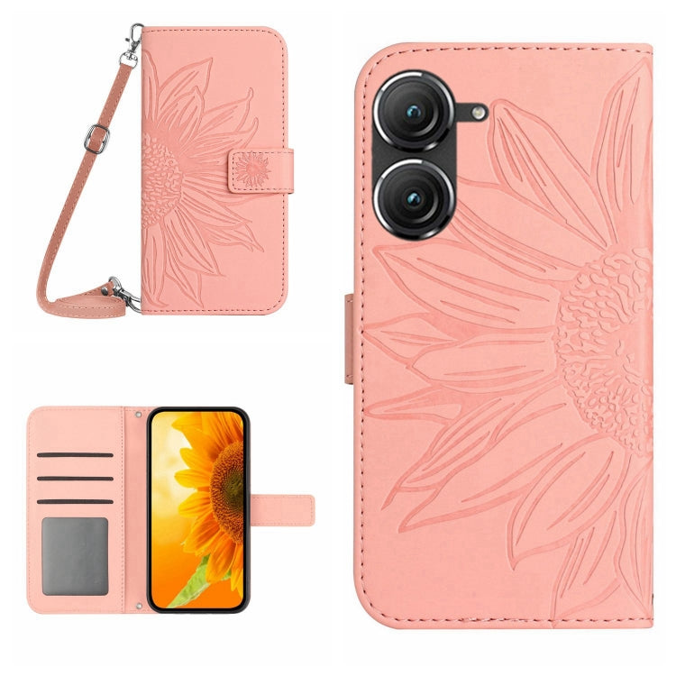 For Asus ZenFone 9 Skin Feel Sun Flower Pattern Flip Leather Phone Case with Lanyard