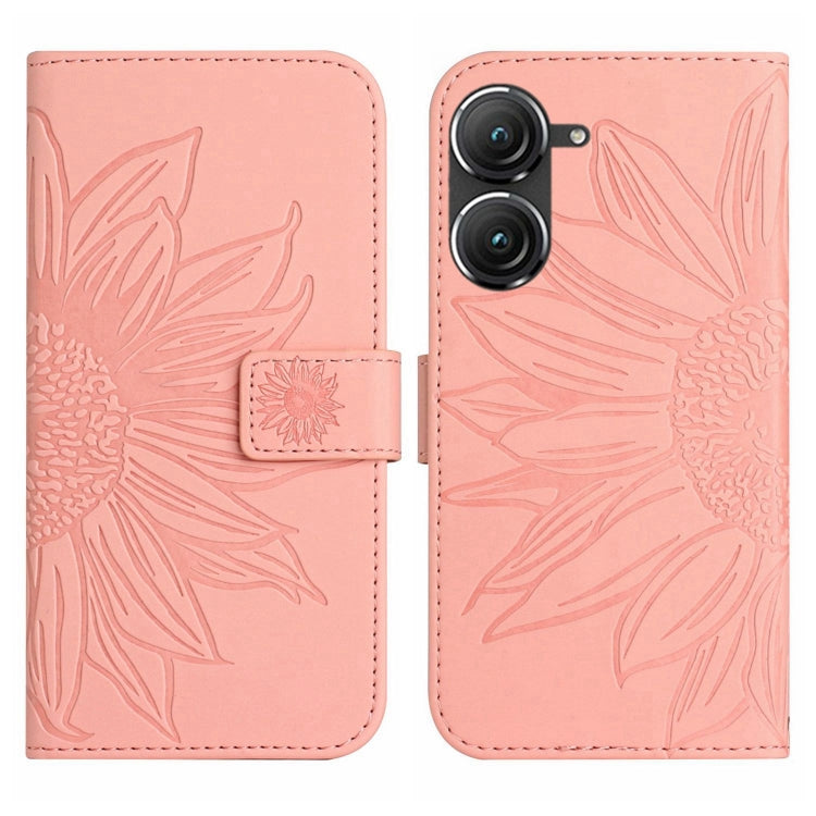 For Asus ZenFone 9 Skin Feel Sun Flower Pattern Flip Leather Phone Case with Lanyard