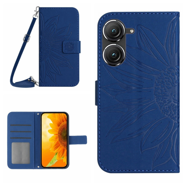 For Asus ZenFone 9 Skin Feel Sun Flower Pattern Flip Leather Phone Case with Lanyard