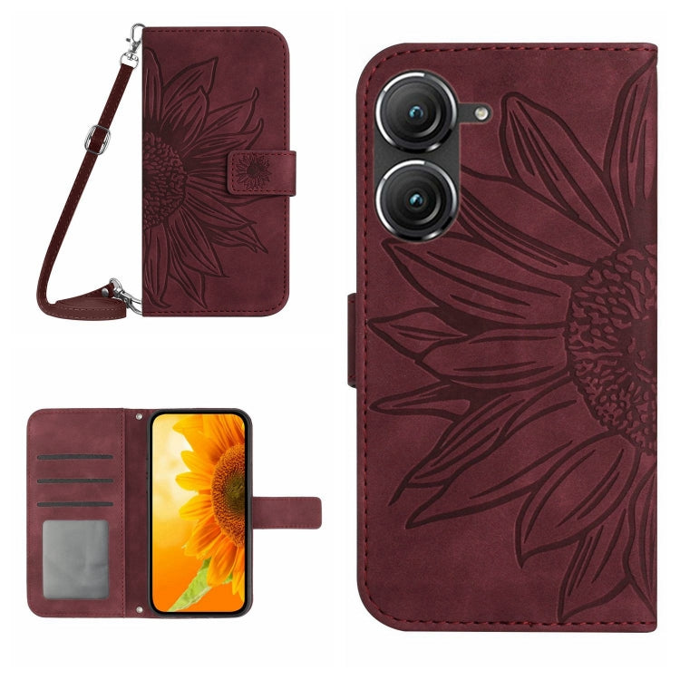 For Asus ZenFone 9 Skin Feel Sun Flower Pattern Flip Leather Phone Case with Lanyard
