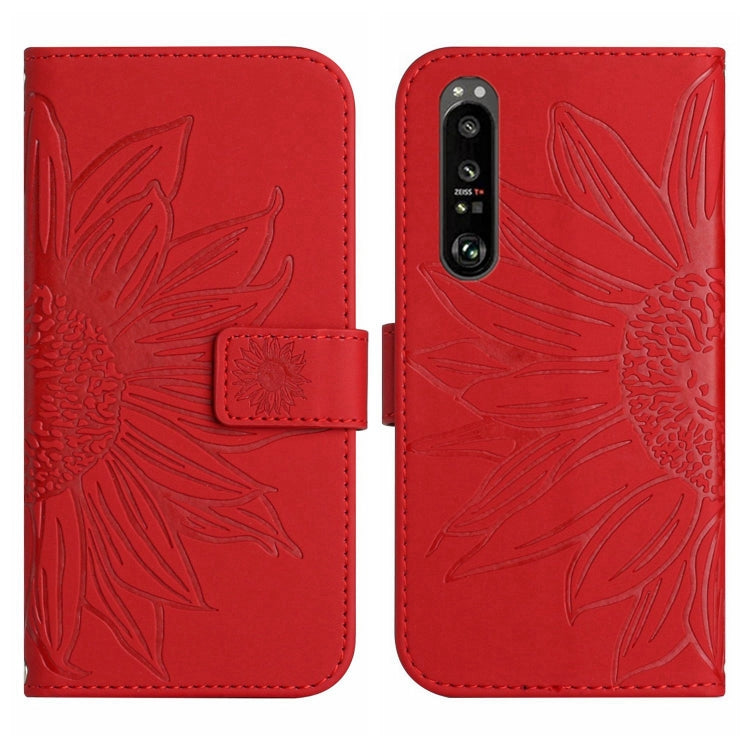 For Sony Xperia 1 III Skin Feel Sun Flower Pattern Flip Leather Phone Case with Lanyard