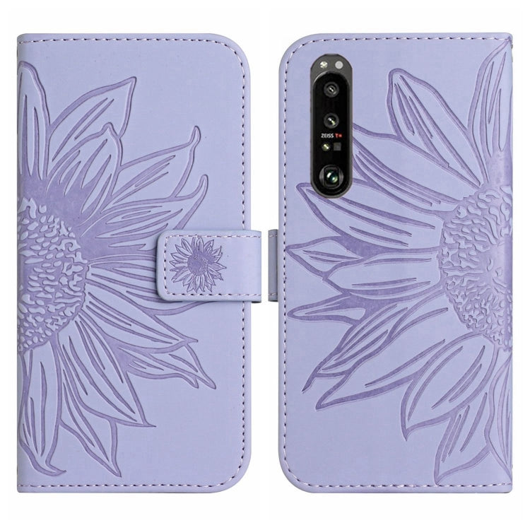For Sony Xperia 1 III Skin Feel Sun Flower Pattern Flip Leather Phone Case with Lanyard