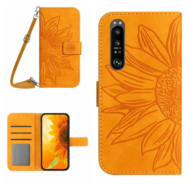 For Sony Xperia 1 III Skin Feel Sun Flower Pattern Flip Leather Phone Case with Lanyard