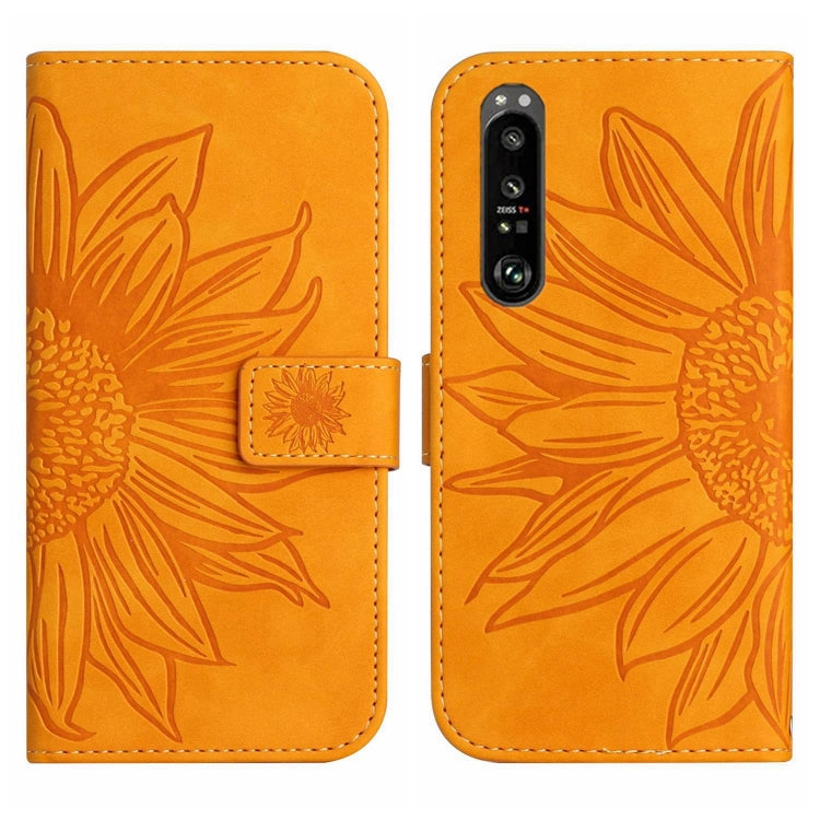 For Sony Xperia 1 III Skin Feel Sun Flower Pattern Flip Leather Phone Case with Lanyard
