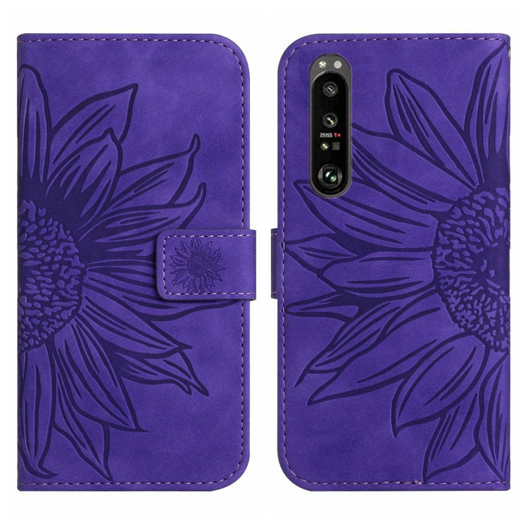For Sony Xperia 1 III Skin Feel Sun Flower Pattern Flip Leather Phone Case with Lanyard