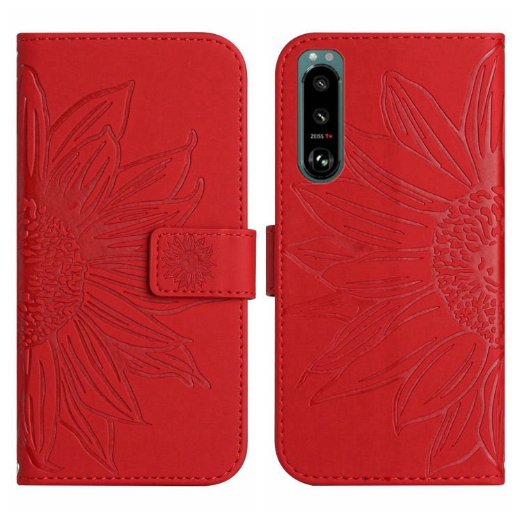 For Sony Xperia 5 IV Skin Feel Sun Flower Pattern Flip Leather Phone Case with Lanyard