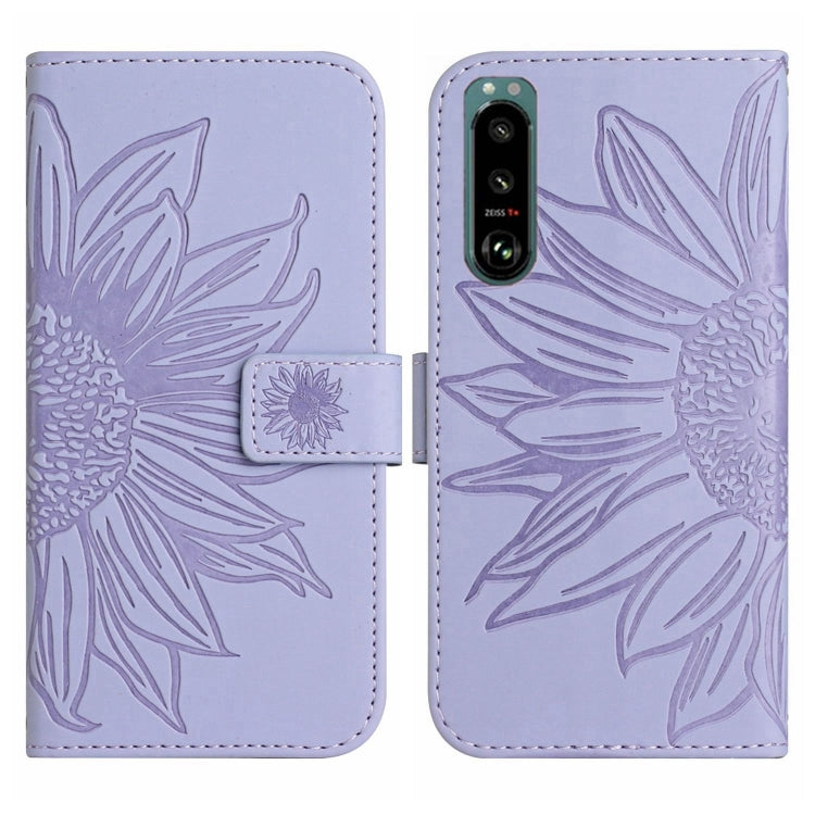 For Sony Xperia 5 IV Skin Feel Sun Flower Pattern Flip Leather Phone Case with Lanyard