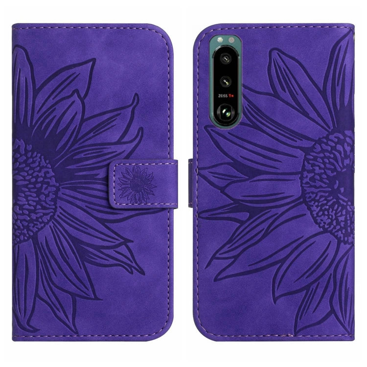 For Sony Xperia 5 IV Skin Feel Sun Flower Pattern Flip Leather Phone Case with Lanyard