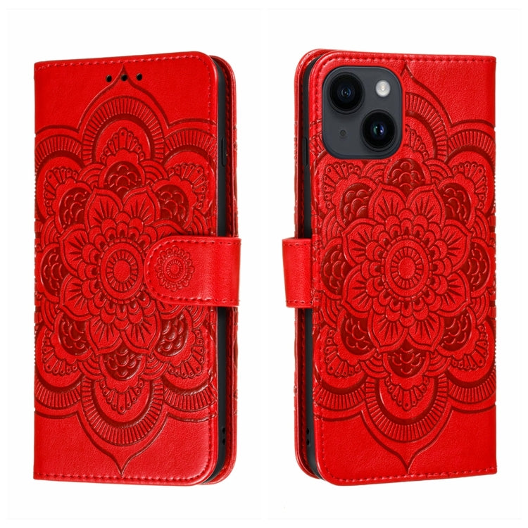 For iPhone 14 Plus Sun Mandala Embossing Leather Phone Case