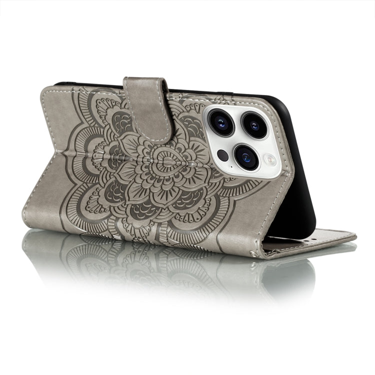 For iPhone 14 Pro Max Sun Mandala Embossing Leather Phone Case