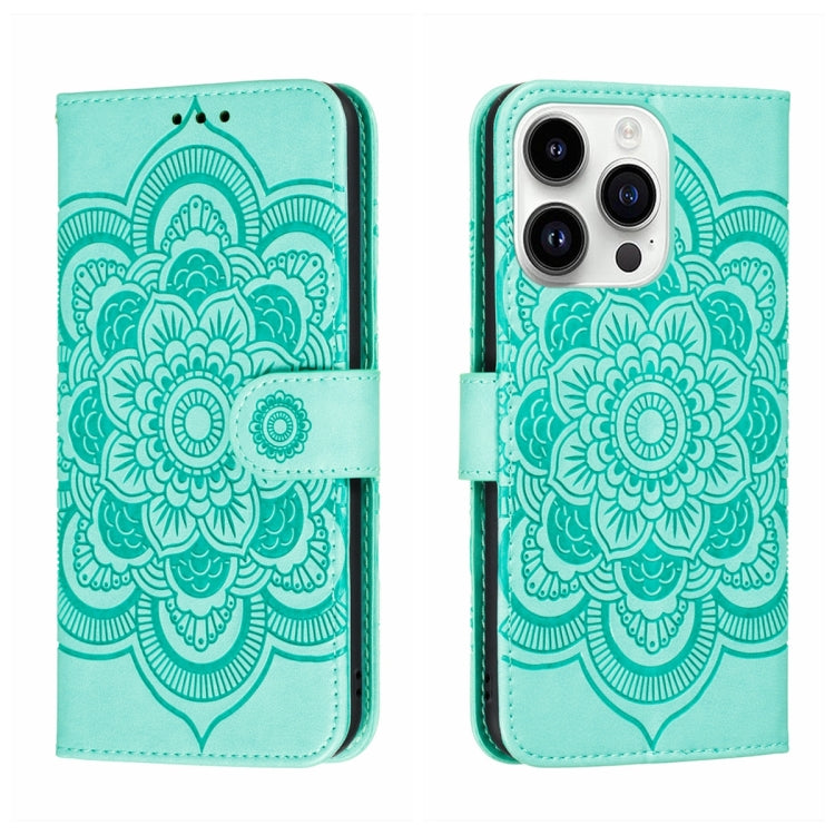 For iPhone 14 Pro Max Sun Mandala Embossing Leather Phone Case
