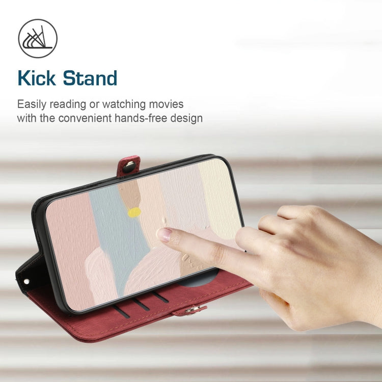 For iPhone 13 mini Side Buckle Double Fold Hand Strap Leather Phone Case