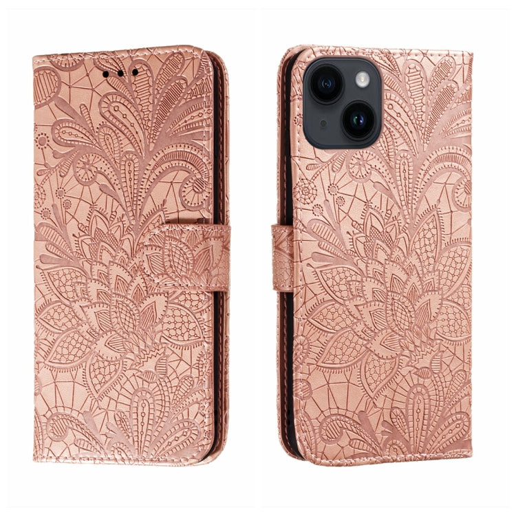 For iPhone 14 / 13 Lace Flower Embossing Flip Leather Phone Case