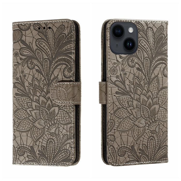 For iPhone 14 Plus Lace Flower Embossing Flip Leather Phone Case
