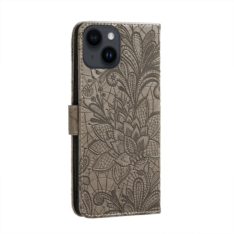 For iPhone 14 Plus Lace Flower Embossing Flip Leather Phone Case