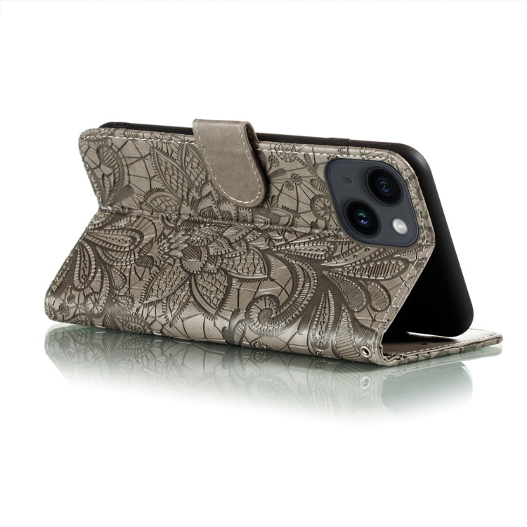 For iPhone 14 Plus Lace Flower Embossing Flip Leather Phone Case